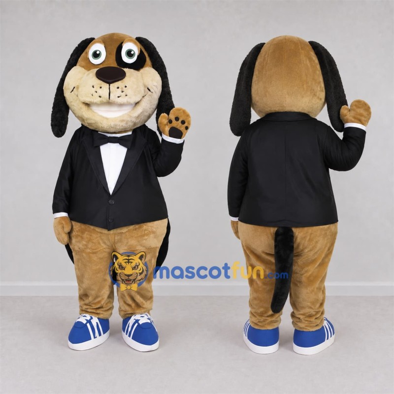 Custom Brown Tuxedo Dog Mascot Costume Adult Full Body Suit for Welcome Events