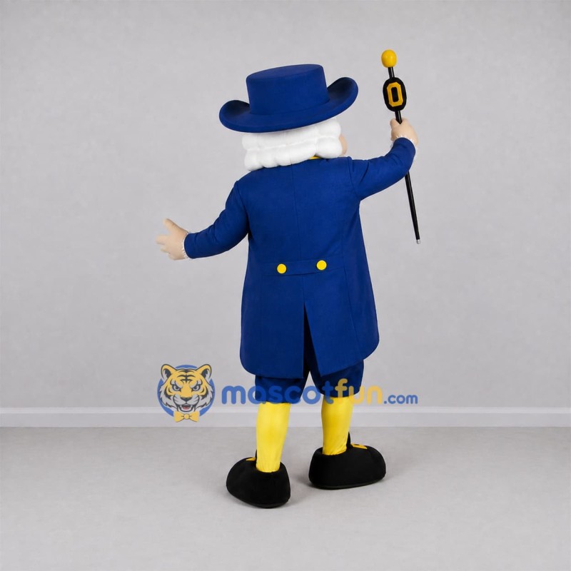 Custom Blue and Yellow Colonial Gentleman Mascot Costume Adult Full Body Suit for Historical Events Custom Blue and Yellow Colonial Gentleman Mascot Costume Adult Full Body Suit for Historical Events