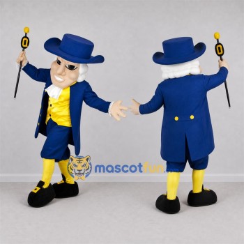 Custom Blue and Yellow Colonial Gentleman Mascot Costume Adult Full Body Suit for Historical Events