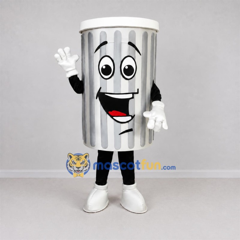 Custom Silver and White Trash Can Mascot Costume Adult Full Body Suit for Community Cleanup Events Custom Silver and White Trash Can Mascot Costume Adult Full Body Suit for Community Cleanup Events