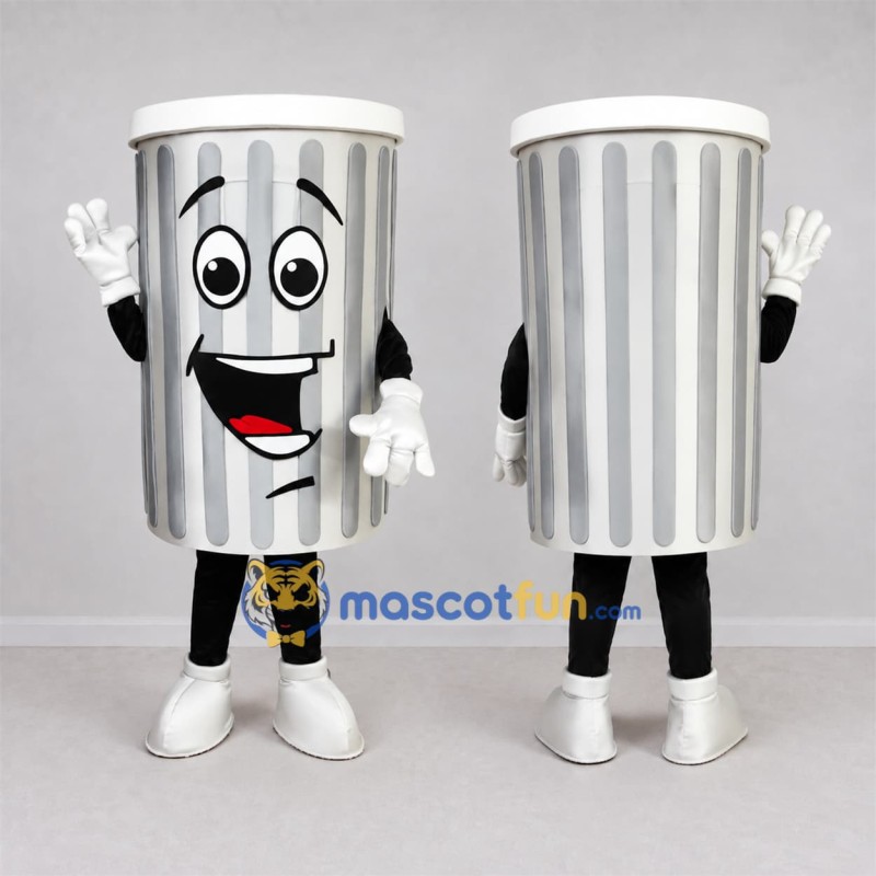 Custom Silver and White Trash Can Mascot Costume Adult Full Body Suit for Community Cleanup Events Custom Silver and White Trash Can Mascot Costume Adult Full Body Suit for Community Cleanup Events