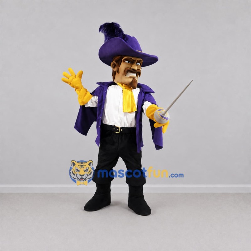 Custom Purple and Yellow Musketeer Mascot Costume Adult Full Body Suit for Themed Events