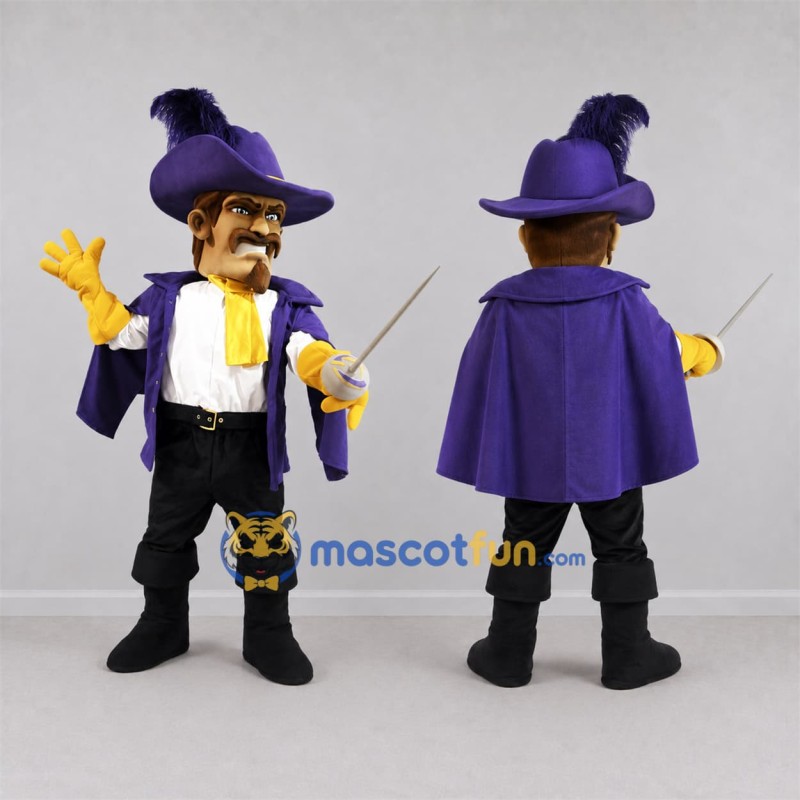 Custom Purple and Yellow Musketeer Mascot Costume Adult Full Body Suit for Themed Events