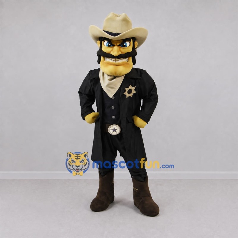 Custom Black and Tan Cowboy Sheriff Mascot Costume Adult Full Body Suit for Western Events Custom Black and Tan Cowboy Sheriff Mascot Costume Adult Full Body Suit for Western Events