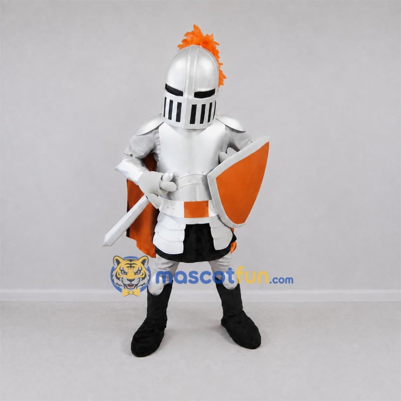 Custom Silver and Orange Knight Mascot Costume Adult Full Body Suit for Medieval Events Custom Silver and Orange Knight Mascot Costume Adult Full Body Suit for Medieval Events
