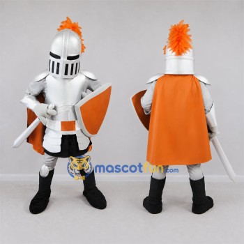 Custom Silver and Orange Knight Mascot Costume Adult Full Body Suit for Medieval Events