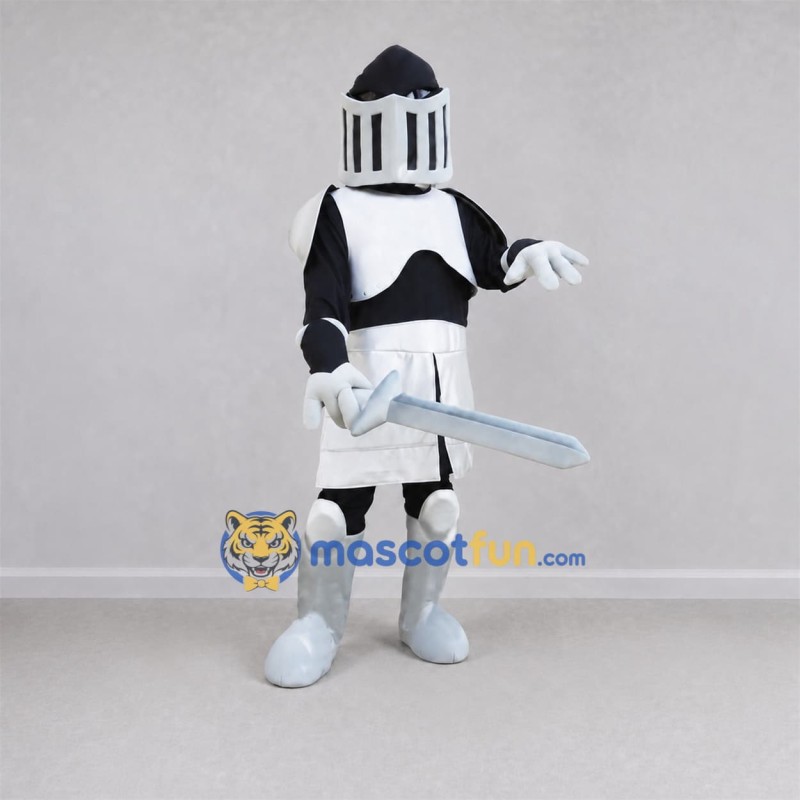 Custom White and Black Knight Mascot Costume Adult Full Body Suit for Medieval Events Custom White and Black Knight Mascot Costume Adult Full Body Suit for Medieval Events