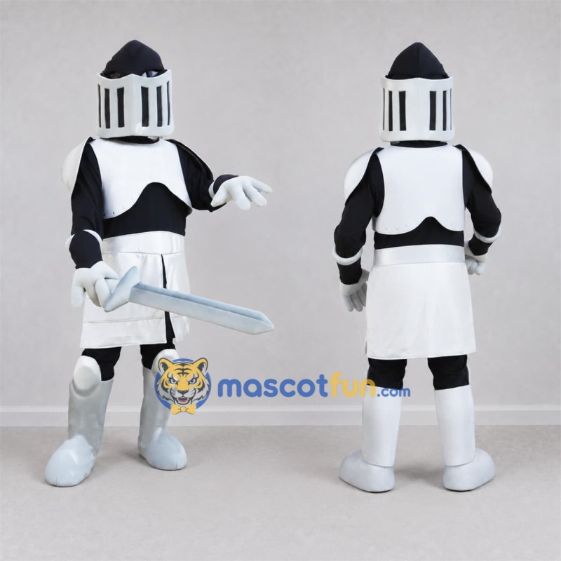 Custom White and Black Knight Mascot Costume Adult Full Body Suit for Medieval Events Custom White and Black Knight Mascot Costume Adult Full Body Suit for Medieval Events