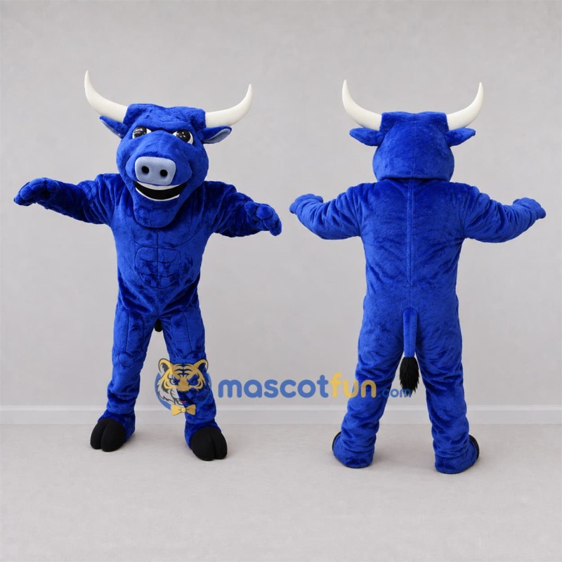 Custom Blue and White Bull Mascot Costume Adult Full Body Suit for Sports Events Custom Blue and White Bull Mascot Costume Adult Full Body Suit for Sports Events