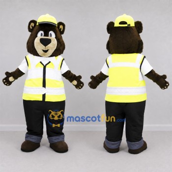 Custom Brown and Yellow Safety Bear Mascot Costume Adult Full Body Suit for Safety Awareness Events
