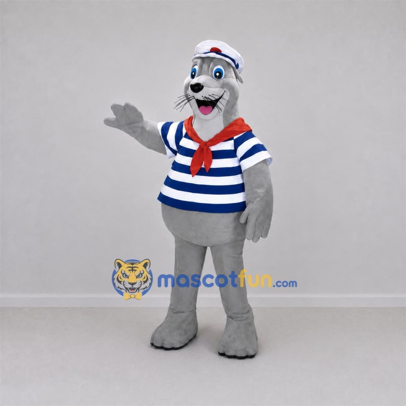 Custom Gray and Blue Sailor Seal Mascot Costume Adult Full Body Suit for Marine Events Custom Gray and Blue Sailor Seal Mascot Costume Adult Full Body Suit for Marine Events