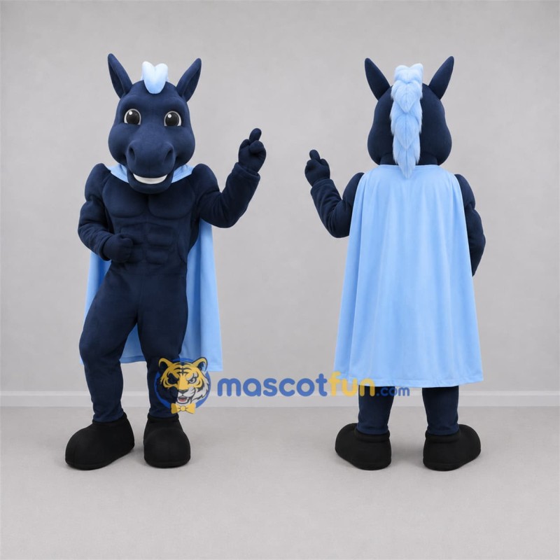Custom Navy and Light Blue Superhero Horse Mascot Costume Adult Full Body Suit for Sports Events Custom Navy and Light Blue Superhero Horse Mascot Costume Adult Full Body Suit for Sports Events