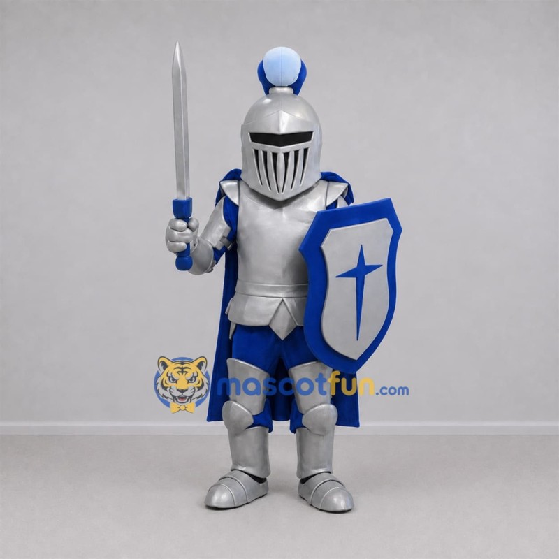 Custom Silver and Blue Knight Mascot Costume Adult Full Body Suit for Medieval Events Custom Silver and Blue Knight Mascot Costume Adult Full Body Suit for Medieval Events