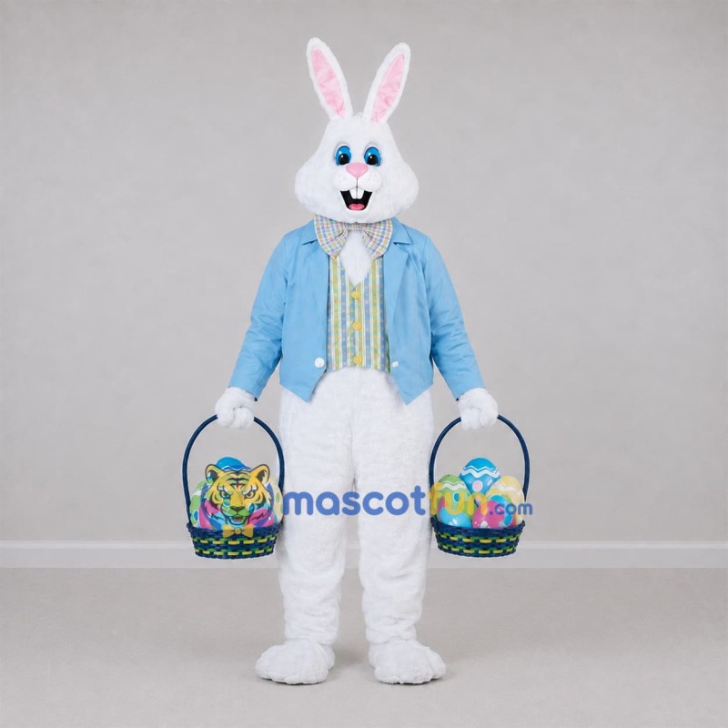 Custom White and Light Blue Easter Bunny Mascot Costume Adult Full Body Suit for Easter Egg Hunts Custom White and Light Blue Easter Bunny Mascot Costume Adult Full Body Suit for Easter Egg Hunts