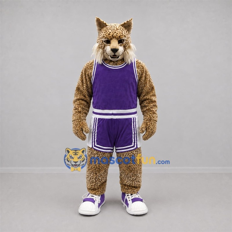 Custom Tan and Purple Wildcat Mascot Costume Adult Full Body Suit for Sports Events Custom Tan and Purple Wildcat Mascot Costume Adult Full Body Suit for Sports Events