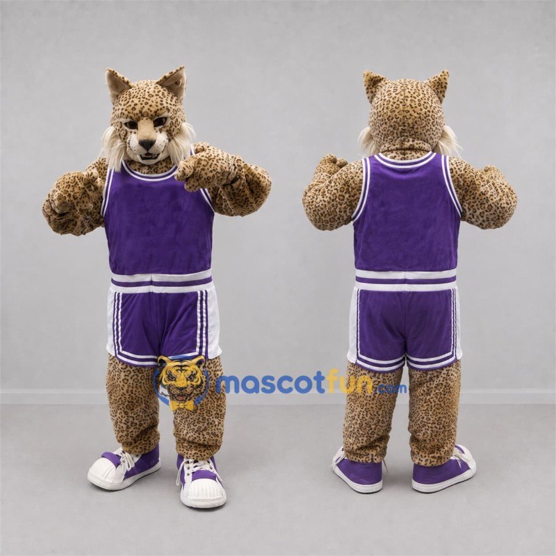 Custom Tan and Purple Wildcat Mascot Costume Adult Full Body Suit for Sports Events Custom Tan and Purple Wildcat Mascot Costume Adult Full Body Suit for Sports Events