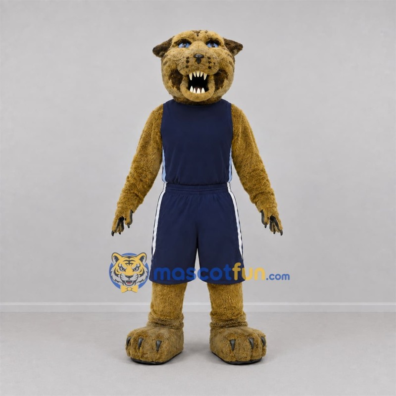 Custom Tan and Navy Blue Wildcat Mascot Costume Adult Full Body Suit for Sports Events