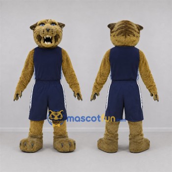 Custom Tan and Navy Blue Wildcat Mascot Costume Adult Full Body Suit for Sports Events