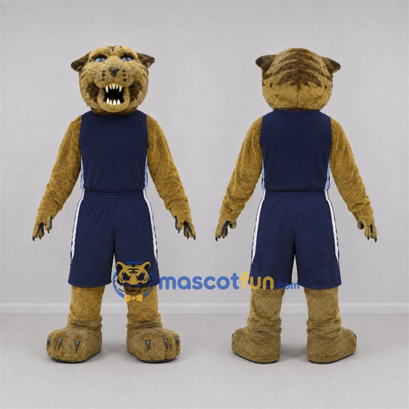Custom Tan and Navy Blue Wildcat Mascot Costume Adult Full Body Suit for Sports Events