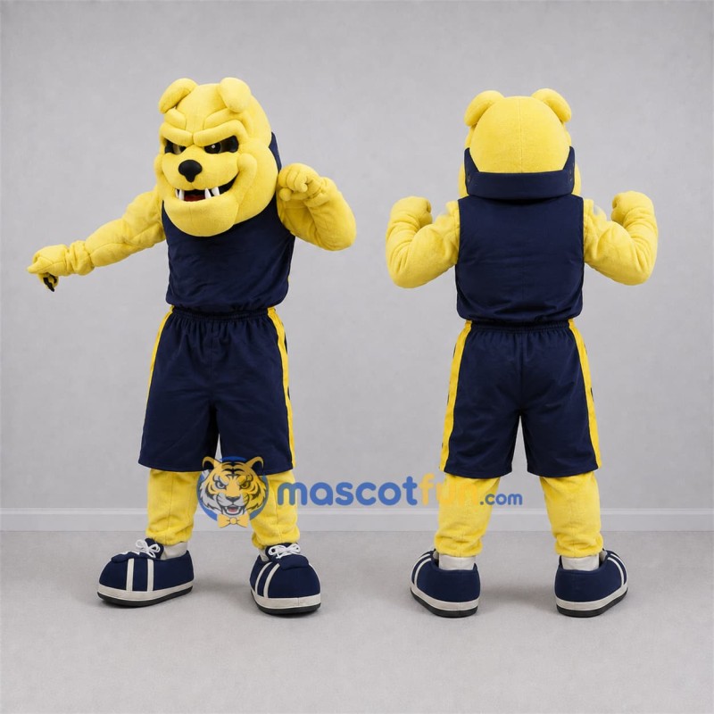 Custom Yellow and Navy Blue Bulldog Mascot Costume Adult Full Body Suit for Sports Events Custom Yellow and Navy Blue Bulldog Mascot Costume Adult Full Body Suit for Sports Events