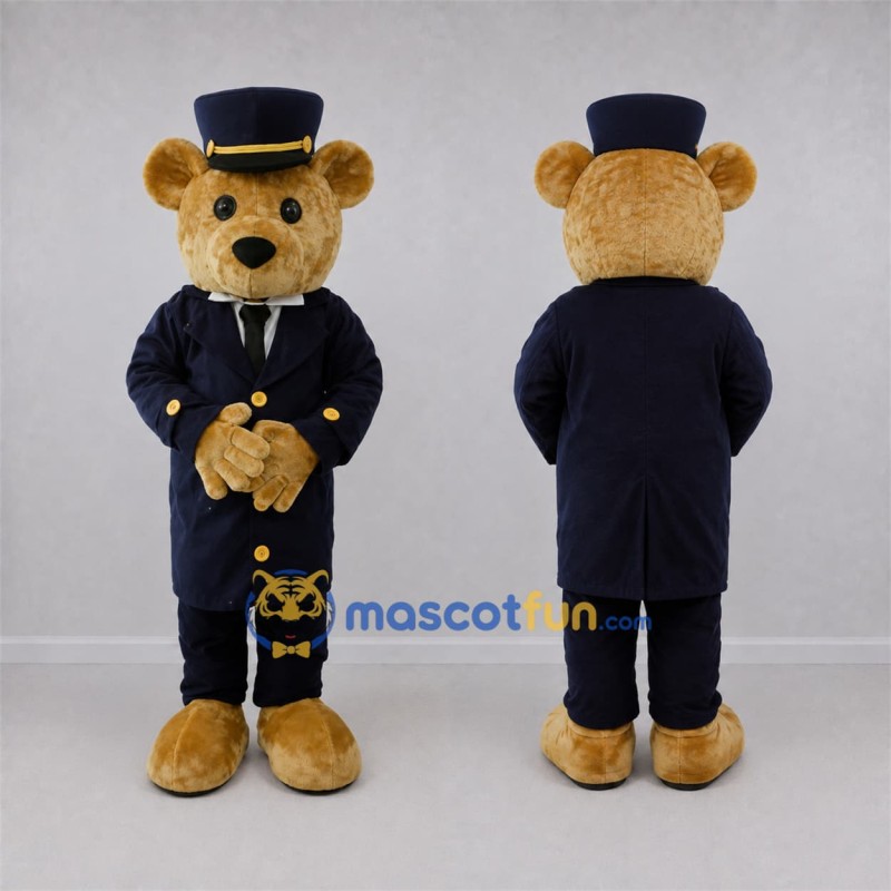 Custom Tan and Navy Blue Gentleman Bear Mascot Costume Adult Full Body Suit for Formal Events Custom Tan and Navy Blue Gentleman Bear Mascot Costume Adult Full Body Suit for Formal Events