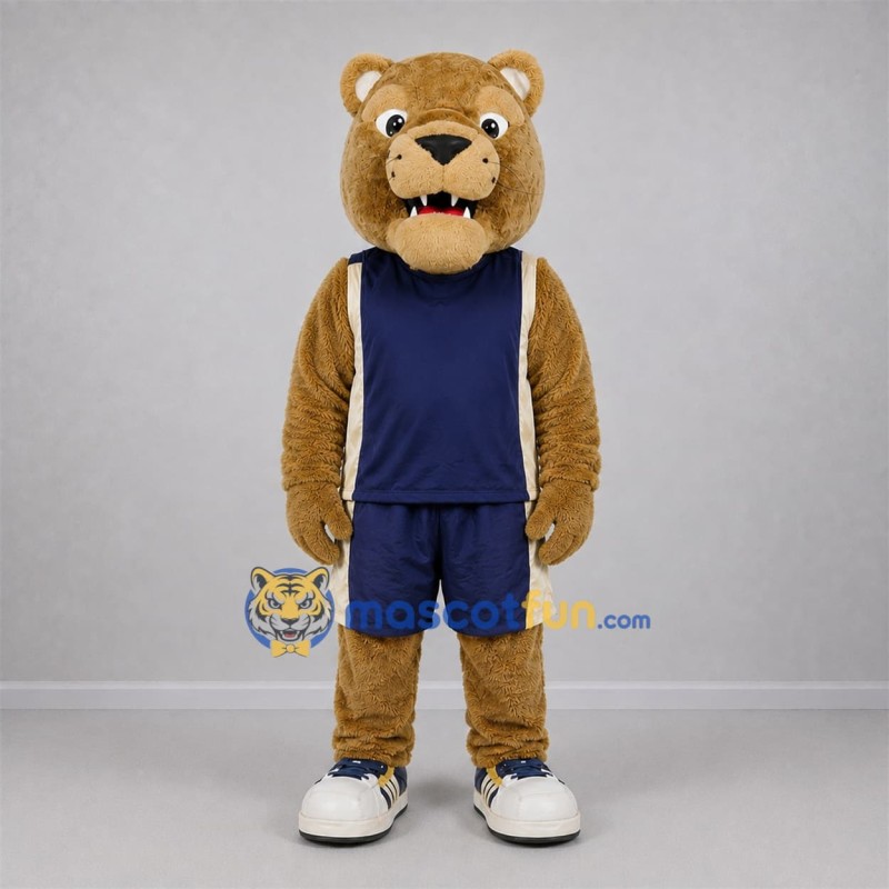 Custom Tan and Navy Blue Bear Mascot Costume Adult Full Body Suit for Sports Events