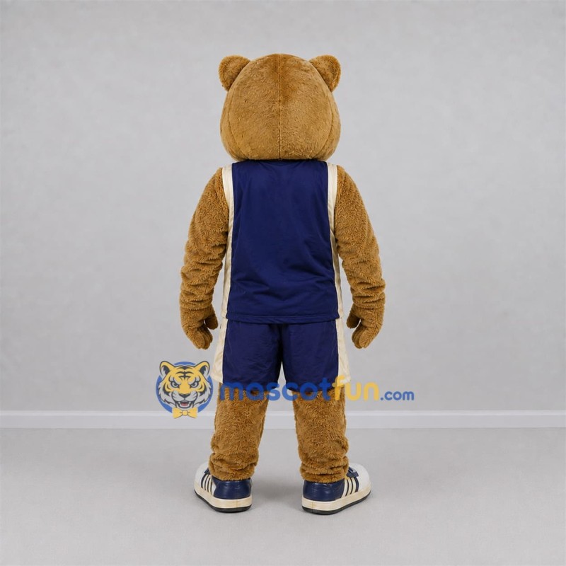 Custom Tan and Navy Blue Bear Mascot Costume Adult Full Body Suit for Sports Events