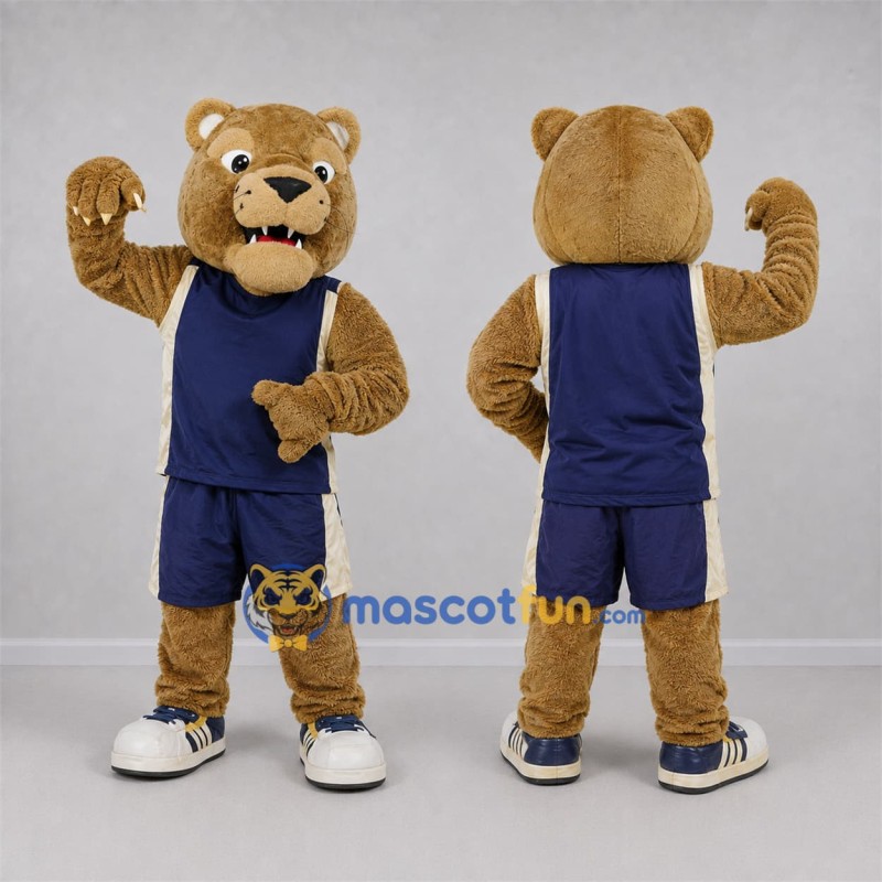 Custom Tan and Navy Blue Bear Mascot Costume Adult Full Body Suit for Sports Events