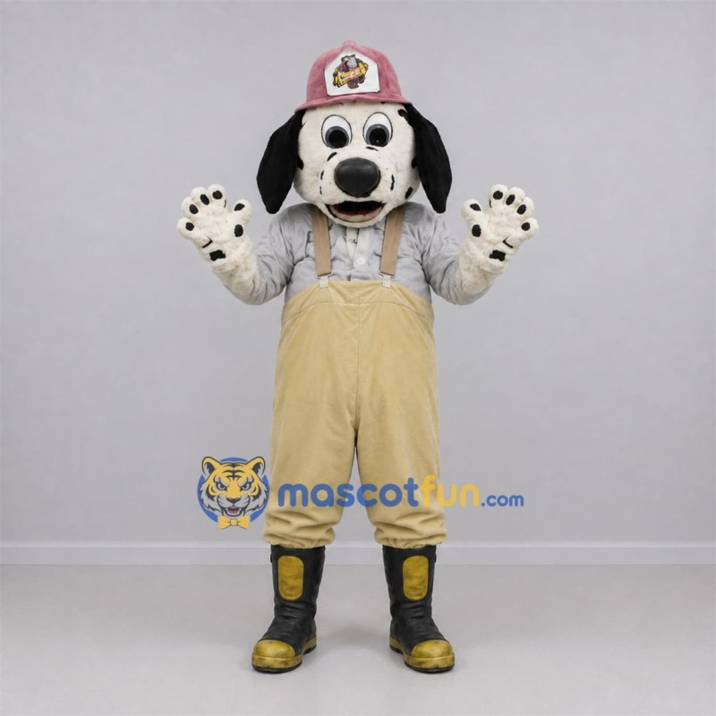 Custom White and Tan Firefighter Dog Mascot Costume Adult Full Body Suit for Safety Awareness Events Custom White and Tan Firefighter Dog Mascot Costume Adult Full Body Suit for Safety Awareness Events