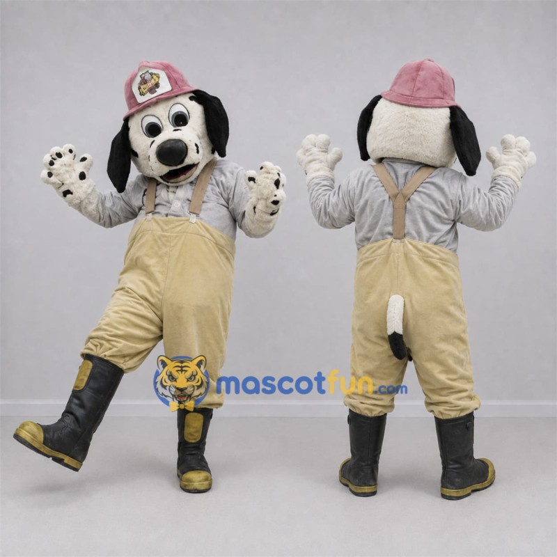 Custom White and Tan Firefighter Dog Mascot Costume Adult Full Body Suit for Safety Awareness Events Custom White and Tan Firefighter Dog Mascot Costume Adult Full Body Suit for Safety Awareness Events