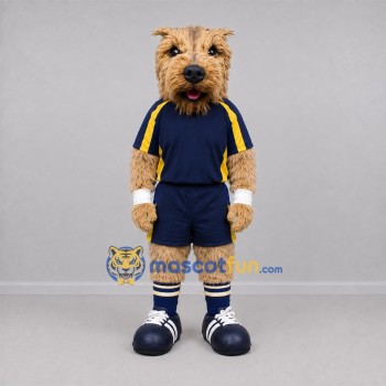 Custom Tan and Navy Blue Terrier Dog Mascot Costume Adult Full Body Suit for Sports Events Custom Tan and Navy Blue Terrier Dog Mascot Costume Adult Full Body Suit for Sports Events
