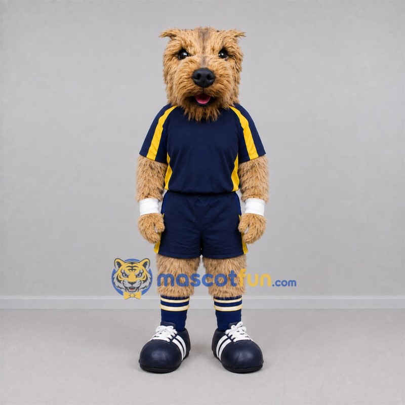 Custom Tan and Navy Blue Terrier Dog Mascot Costume Adult Full Body Suit for Sports Events