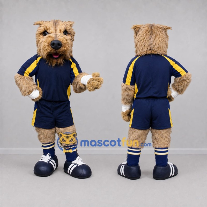 Custom Tan and Navy Blue Terrier Dog Mascot Costume Adult Full Body Suit for Sports Events