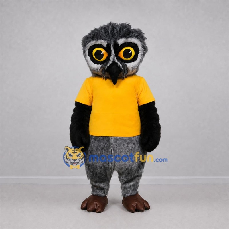 Custom Gray and Yellow Owl Mascot Costume Adult Full Body Suit for School Events