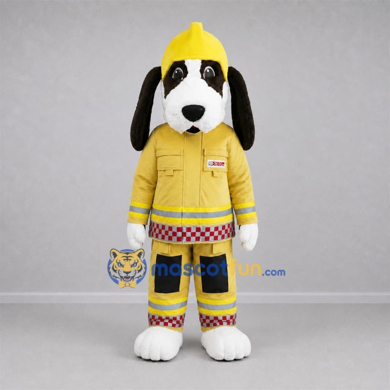 Custom White and Yellow Firefighter Dog Mascot Costume Adult Full Body Suit for Safety Awareness Events Custom White and Yellow Firefighter Dog Mascot Costume Adult Full Body Suit for Safety Awareness Events