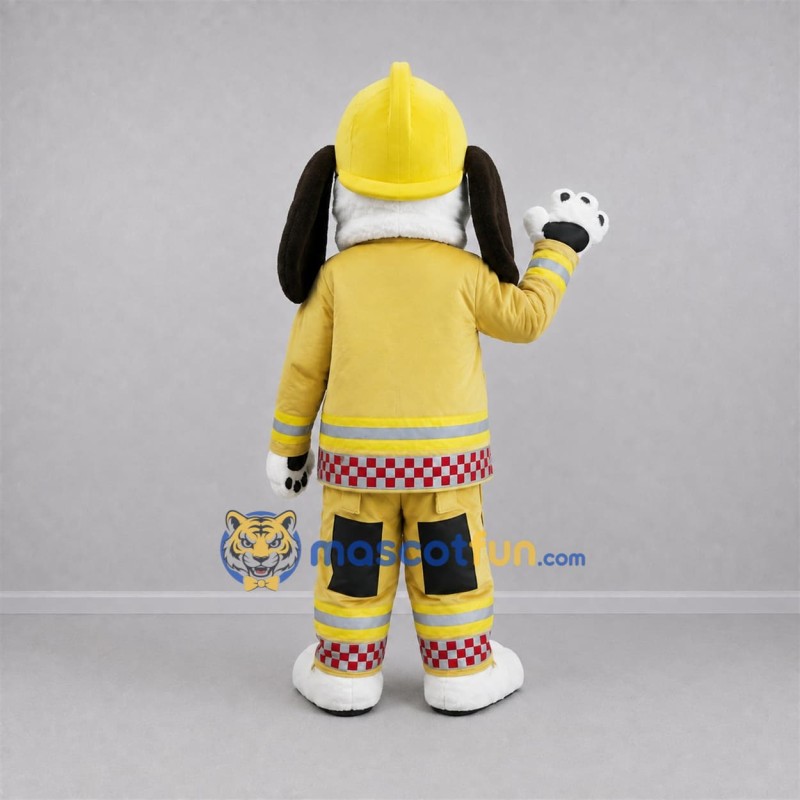 Custom White and Yellow Firefighter Dog Mascot Costume Adult Full Body Suit for Safety Awareness Events Custom White and Yellow Firefighter Dog Mascot Costume Adult Full Body Suit for Safety Awareness Events