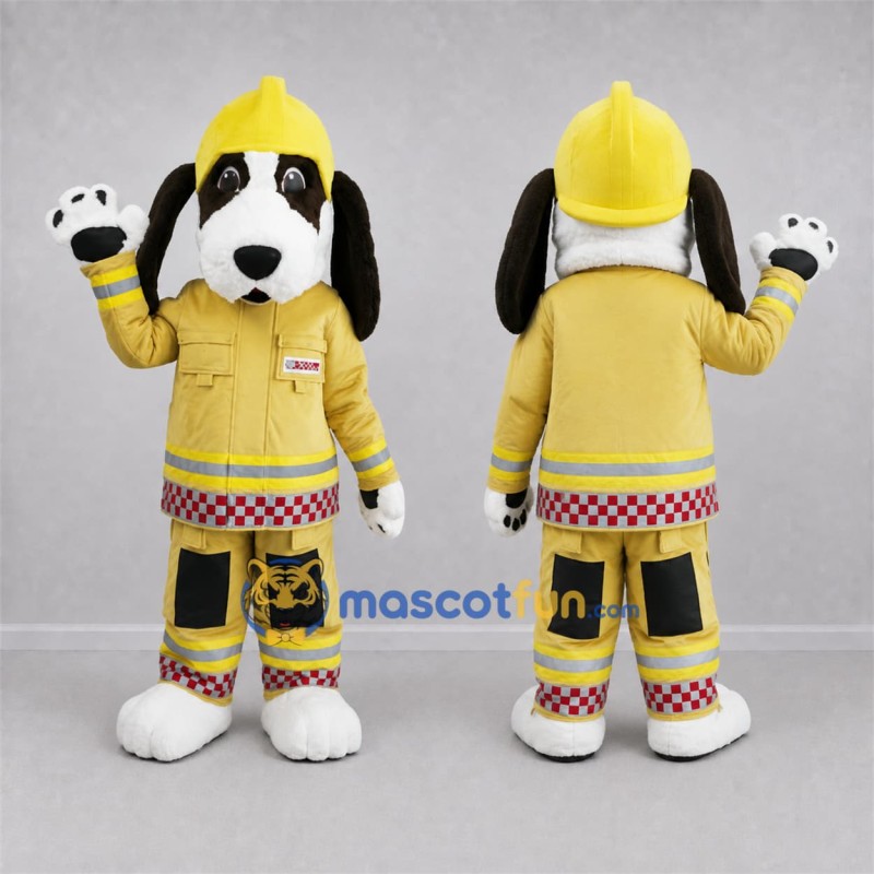 Custom White and Yellow Firefighter Dog Mascot Costume Adult Full Body Suit for Safety Awareness Events Custom White and Yellow Firefighter Dog Mascot Costume Adult Full Body Suit for Safety Awareness Events