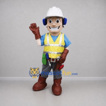 Custom Yellow and Blue Construction Worker Mascot Costume Adult Full Body Suit for Safety Awareness Events Custom Yellow and Blue Construction Worker Mascot Costume Adult Full Body Suit for Safety Awareness Events