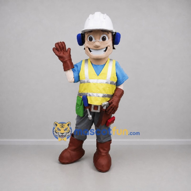 Custom Yellow and Blue Construction Worker Mascot Costume Adult Full Body Suit for Safety Awareness Events Custom Yellow and Blue Construction Worker Mascot Costume Adult Full Body Suit for Safety Awareness Events