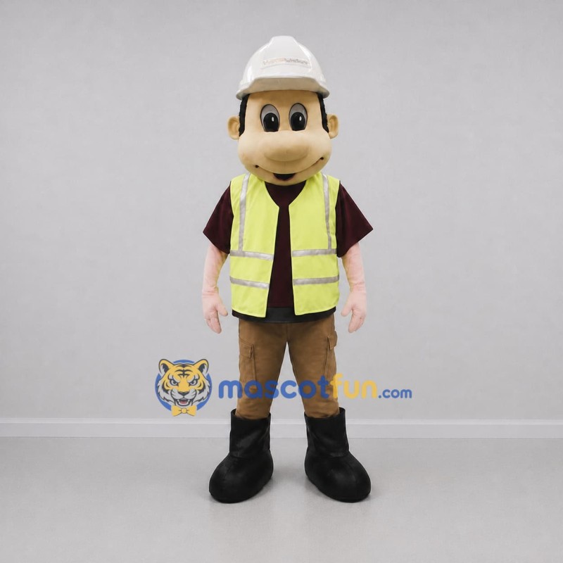 Custom Yellow and Brown Construction Worker Mascot Costume Adult Full Body Suit for Safety Awareness Events Custom Yellow and Brown Construction Worker Mascot Costume Adult Full Body Suit for Safety Awareness Events