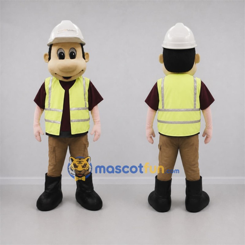 Custom Yellow and Brown Construction Worker Mascot Costume Adult Full Body Suit for Safety Awareness Events Custom Yellow and Brown Construction Worker Mascot Costume Adult Full Body Suit for Safety Awareness Events