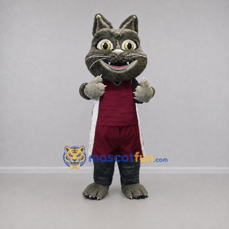 Custom Gray and Burgundy Cat Mascot Costume Adult Full Body Suit for Sports Events Custom Gray and Burgundy Cat Mascot Costume Adult Full Body Suit for Sports Events