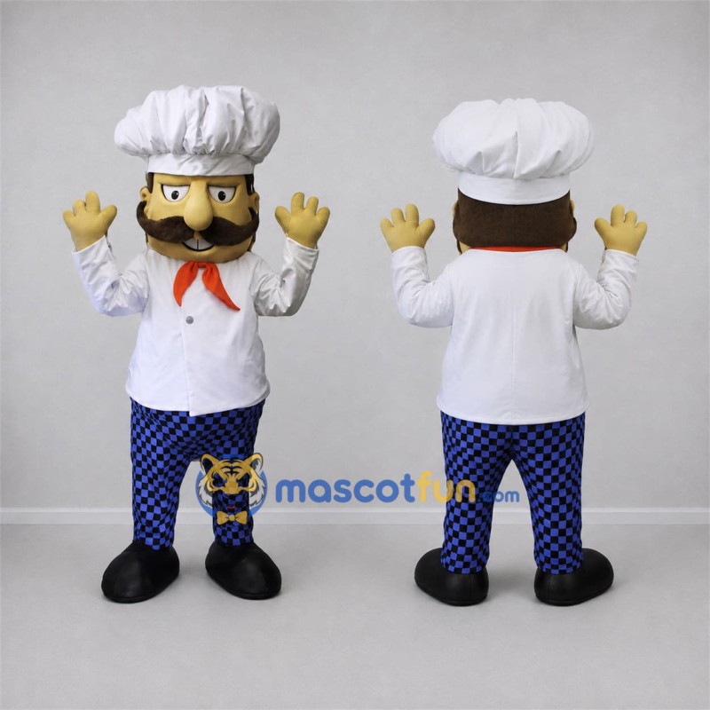Custom White and Blue Chef Mascot Costume Adult Full Body Suit for Food Festivals Custom White and Blue Chef Mascot Costume Adult Full Body Suit for Food Festivals