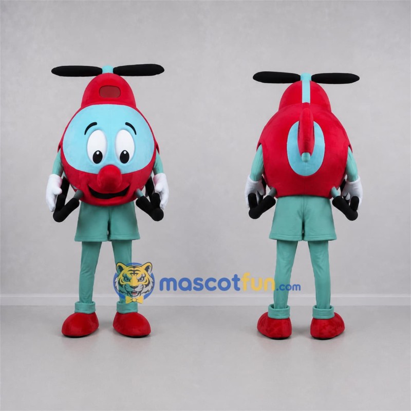 Custom Red and Turquoise Helicopter Mascot Costume Adult Full Body Suit for Aviation Events Custom Red and Turquoise Helicopter Mascot Costume Adult Full Body Suit for Aviation Events