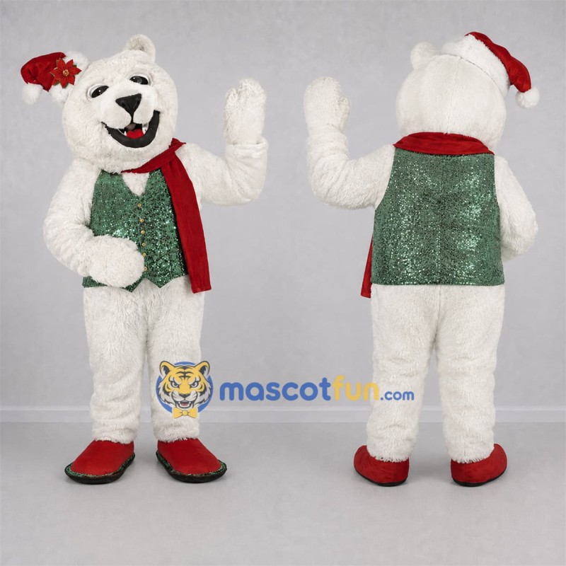 Custom White and Green Christmas Bear Mascot Costume Adult Full Body Suit for Christmas Events Custom White and Green Christmas Bear Mascot Costume Adult Full Body Suit for Christmas Events