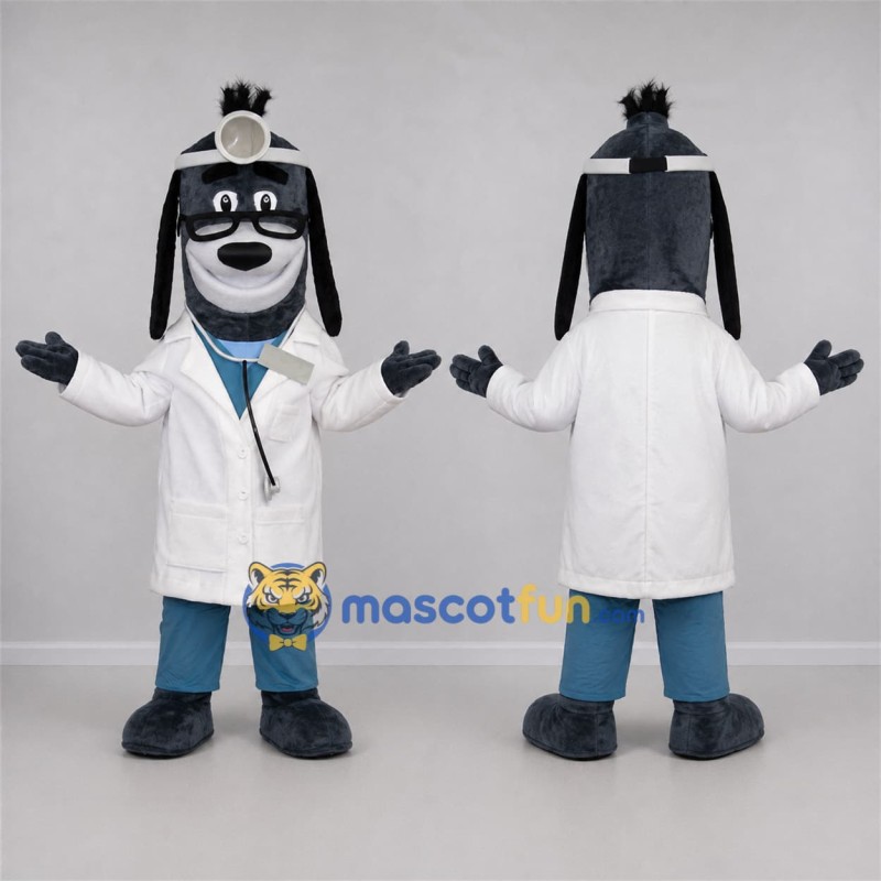 Custom Black and White Doctor Dog Mascot Costume Adult Full Body Suit for Health Events Custom Black and White Doctor Dog Mascot Costume Adult Full Body Suit for Health Events