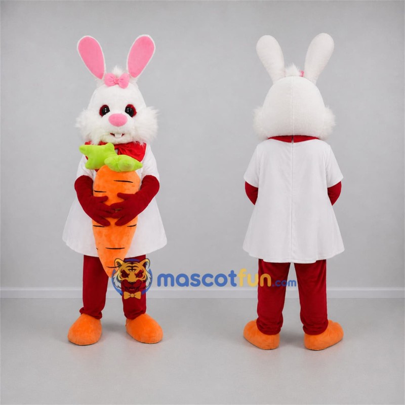 Custom White and Red Easter Bunny Mascot Costume Adult Full Body Suit for Easter Events Custom White and Red Easter Bunny Mascot Costume Adult Full Body Suit for Easter Events
