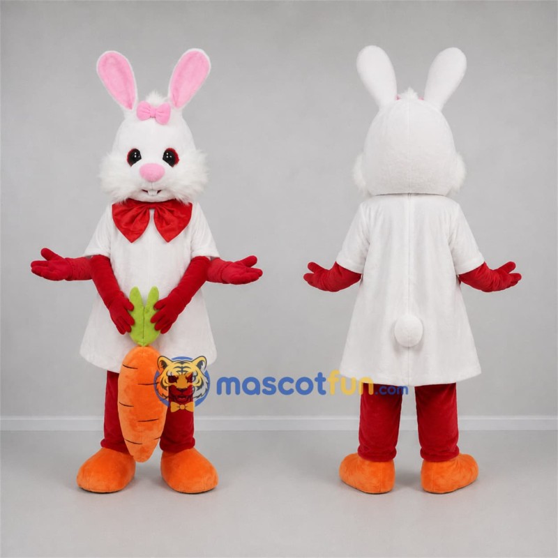 Custom White and Red Easter Bunny Mascot Costume Adult Full Body Suit for Easter Events Custom White and Red Easter Bunny Mascot Costume Adult Full Body Suit for Easter Events