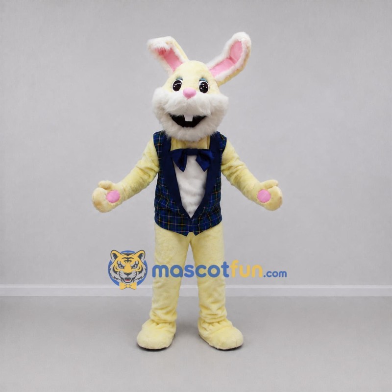Custom Cream and Blue Easter Bunny Mascot Costume Adult Full Body Suit for Easter Events Custom Cream and Blue Easter Bunny Mascot Costume Adult Full Body Suit for Easter Events