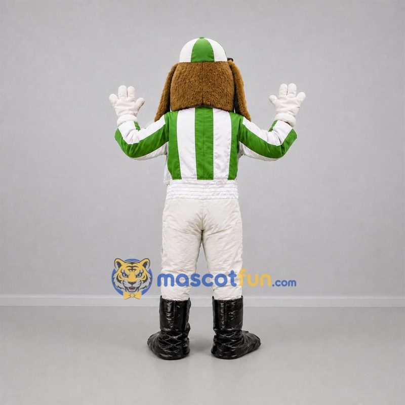 Custom Brown and Green Jockey Dog Mascot Costume Adult Full Body Suit for Equestrian Events Custom Brown and Green Jockey Dog Mascot Costume Adult Full Body Suit for Equestrian Events
